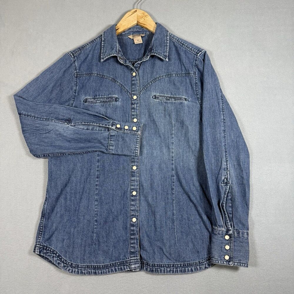 Duluth Trading Co Womens Medium Denim Western Shirt Pearl Snap Blue Cotton
